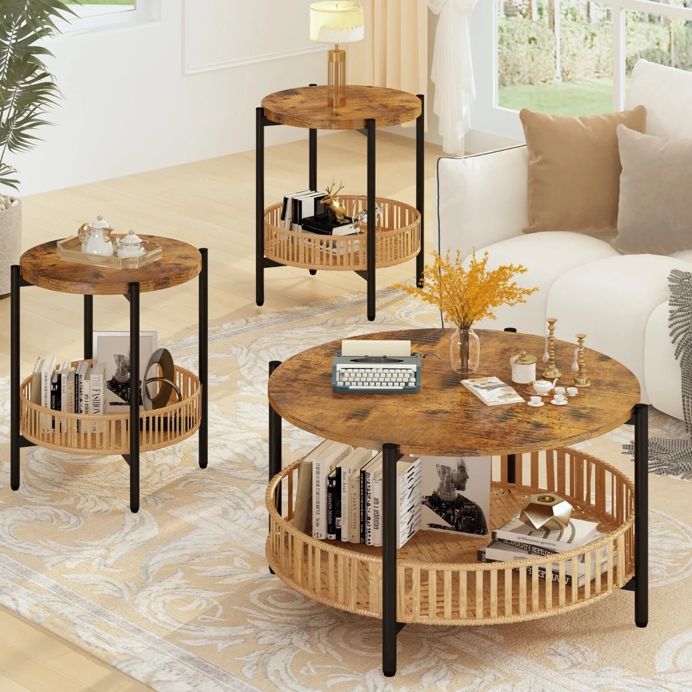 AWQM Round Coffee Table with Rattan Storage Shelf, Rustic Brown Wood Accent Tabl