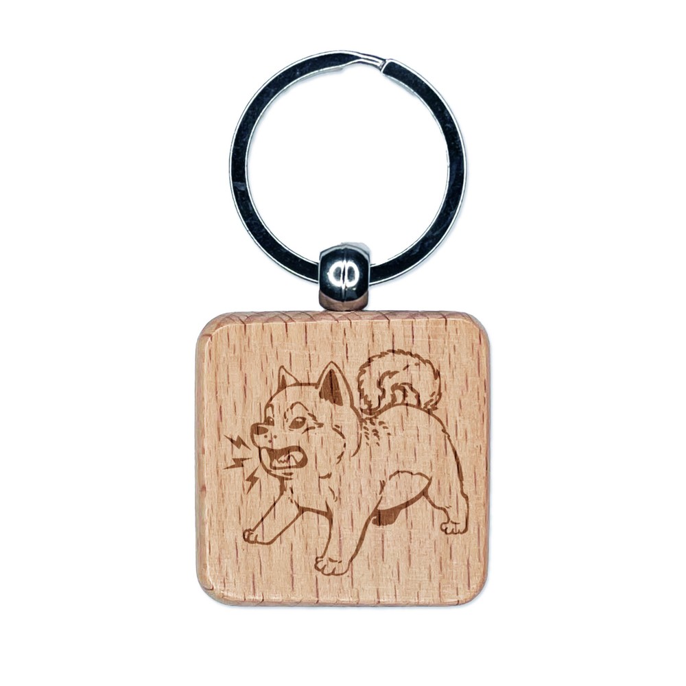 Shiba Inu Puppy Dog Barking Engraved Wood Square Keychain Tag Charm