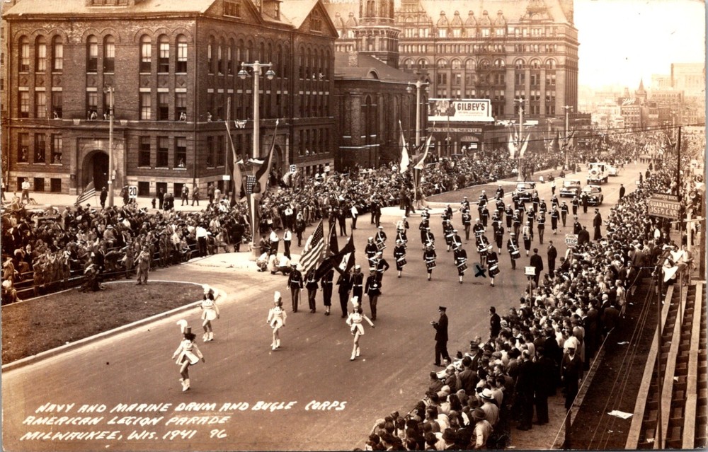 Milwaukee WI Navy Marine Drum Bugle American Legion Parade RPPC Postcard   16279