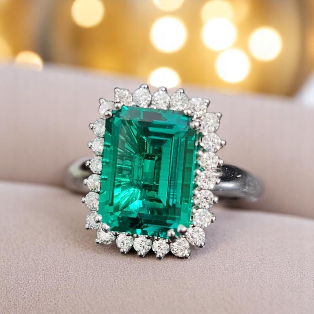 14K Gold Wedding Ring  11.92 Ct Emerald Cut Lab Grown Green Emerald Real Diamond