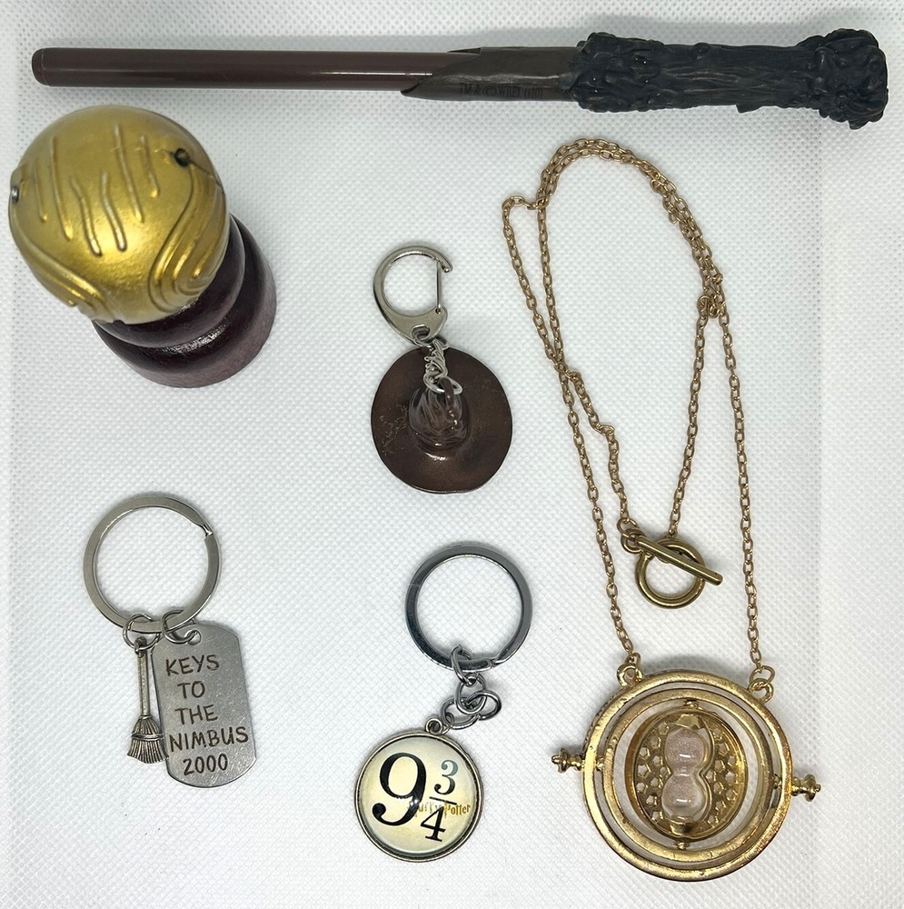 Harry Potter 6-Piece Lot with Keychains Time Turner Necklace and Wand Pen