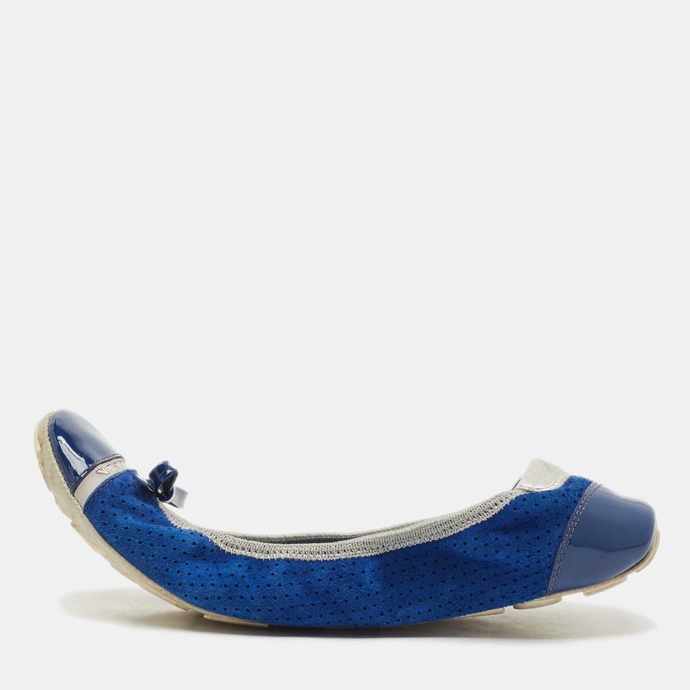 Prada Navy Blue Silver Patent Nubuck Leather Scrunch Ballet Flats