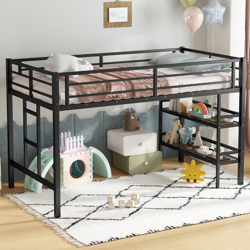 Twin Size Metal Loft Bed w/ Storage Shelf Easy Climbing Ladder for Kids Bedroom