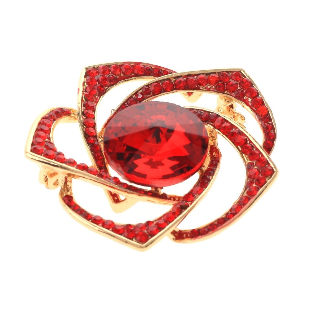 Gold Tone Alloy Metal Medium Size Crystal Rhinestone Rose Brooch P1582-RED