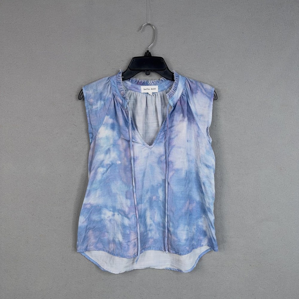 Bella Dahl Blouse Womens XS Blue Ruffle Neck V Neck Sleeveless Tiedye Top Shirt