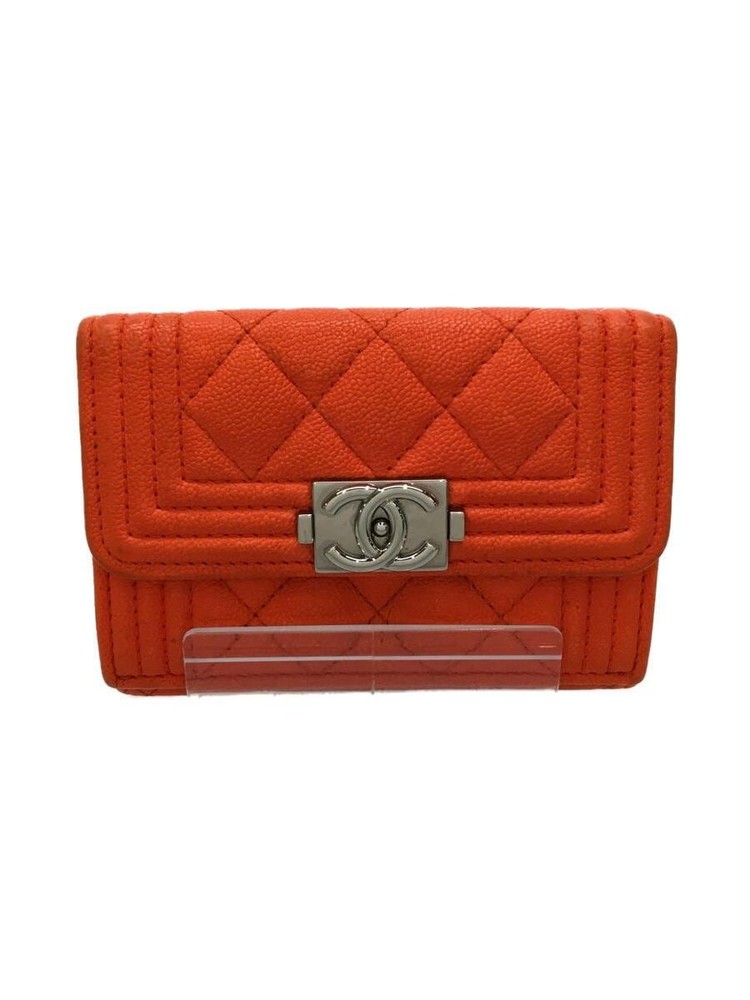 CHANEL Boy Compact Wallet Caviar Leather CC Orange Preowned Free Shipping