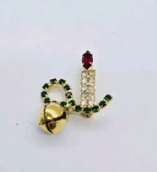 Vintage Christmas Candle Brooch Red & Green White Crystal with Bell Holiday Pin