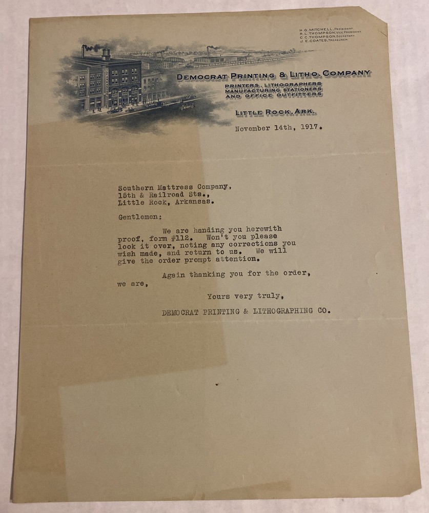 Vintage Democrat Printing & Litho Co ornate Letterhead Little Rock Arkansas