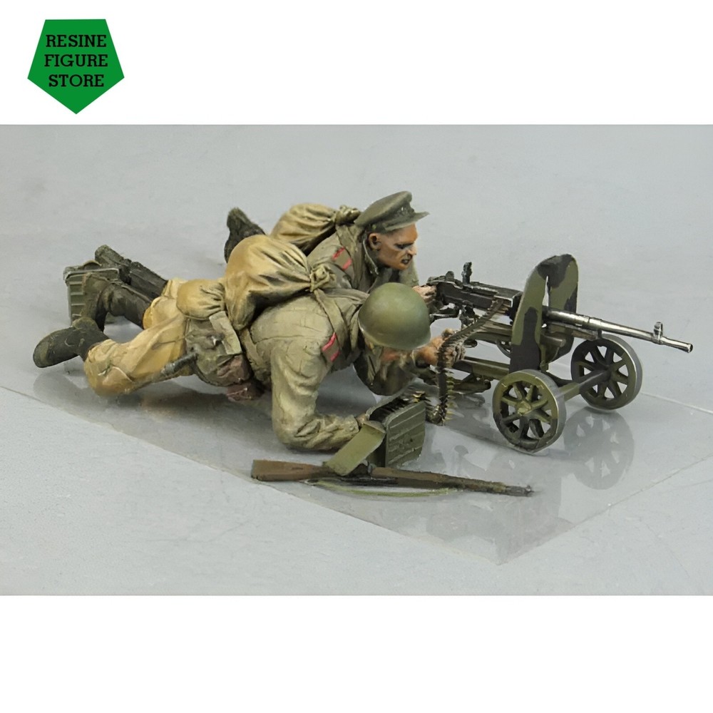 1/35 Resin Figure Models 2 Soldiers Machine Gun Team WWII with Gun Unpainted