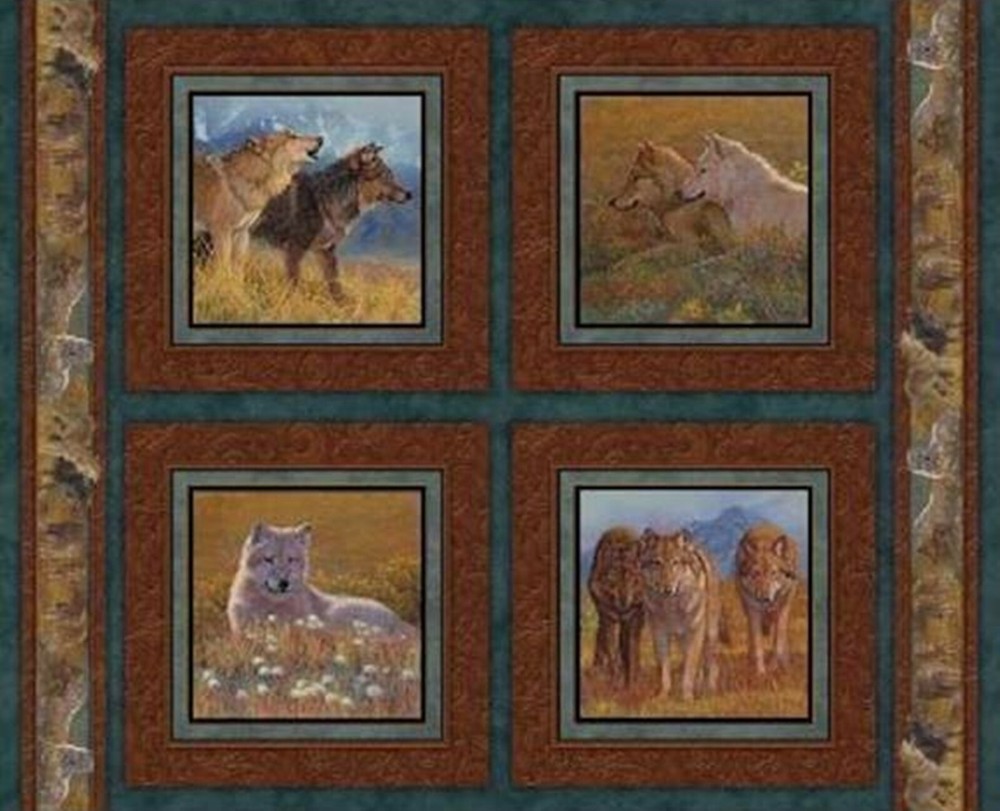 4 Wolf Territorial Trail Pillow Panels Fabric 100% Cotton Wild Wings Springs