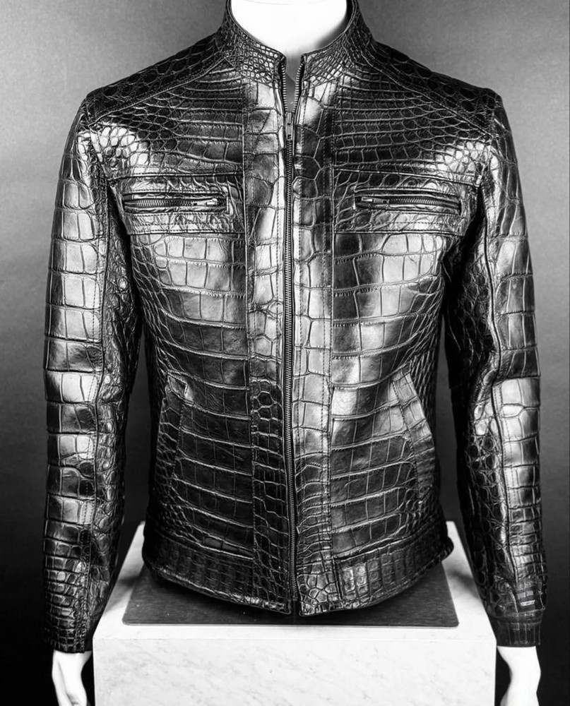 Men’s Crocodile Pattern Leather Jacket Black Luxury 100% Real Leather Zip Closur