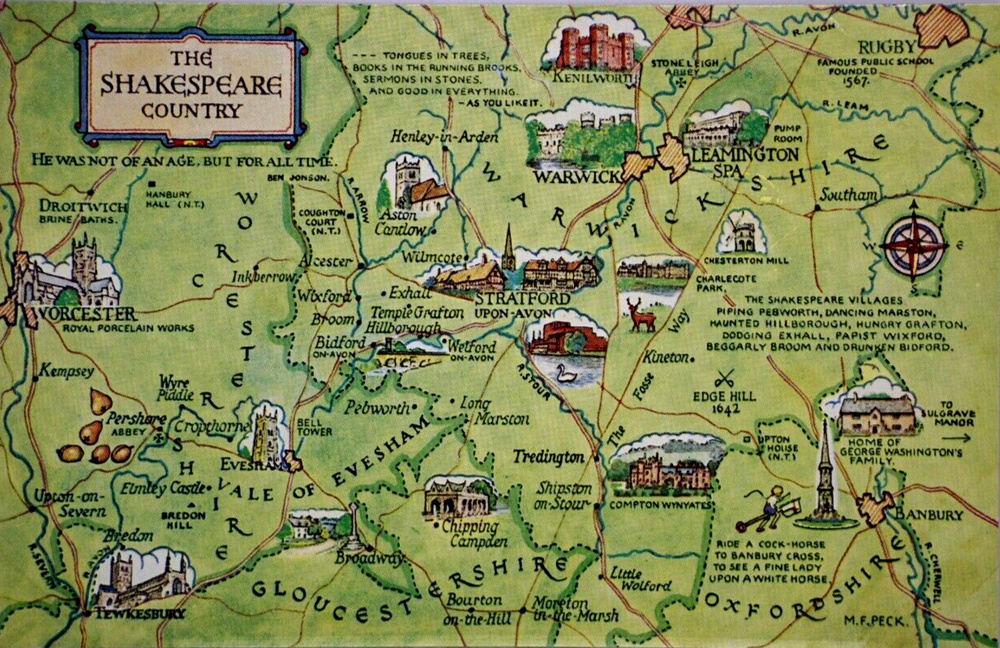Postcard Comic Map The Shakespeare Country Warwickshire England  M F Peck Salmon
