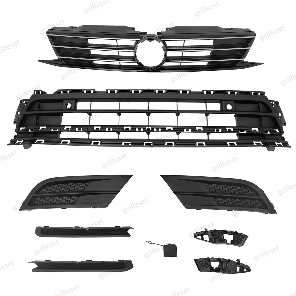 9PC For Jetta 2015-18 Upper/Lower Chrome Grille with Bumper Retainer Bracket Kit