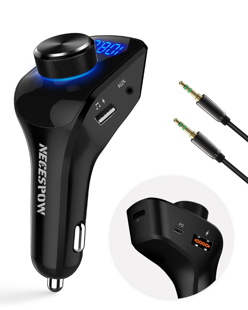 Bluetooth 5.0 FM Transmitter with PD 30W Fast Charging 2 USB Ports AUX Hands-Free for Car