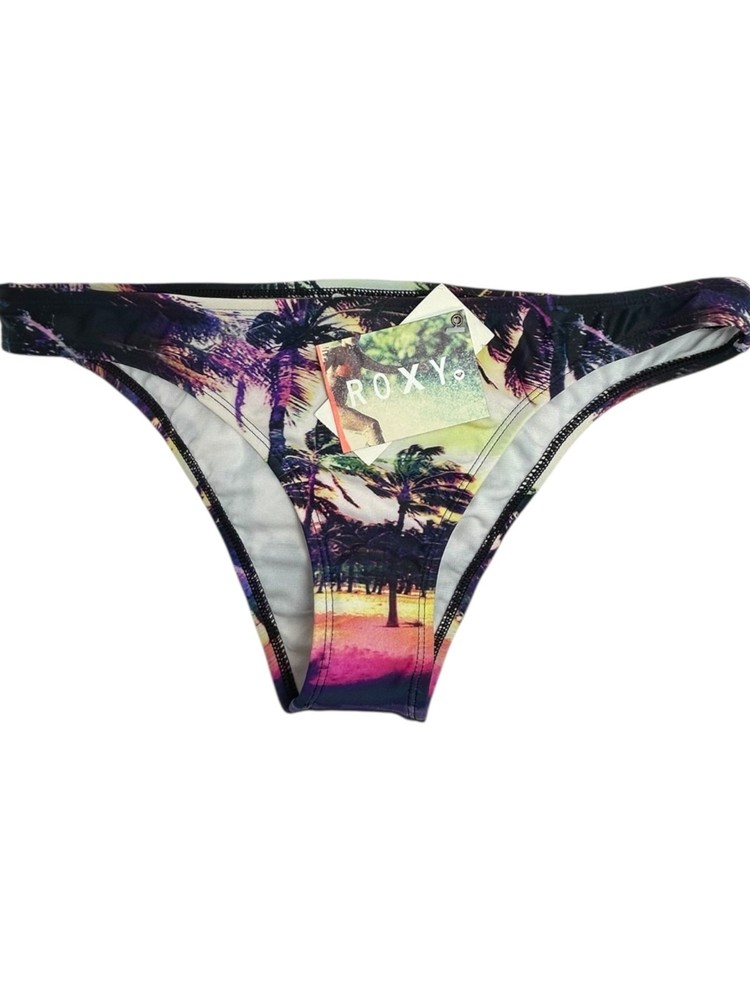 ROXY Surfer Bikini Bottoms Sz L Beach Palm Graphic Print Cheeky Fit Swimwear