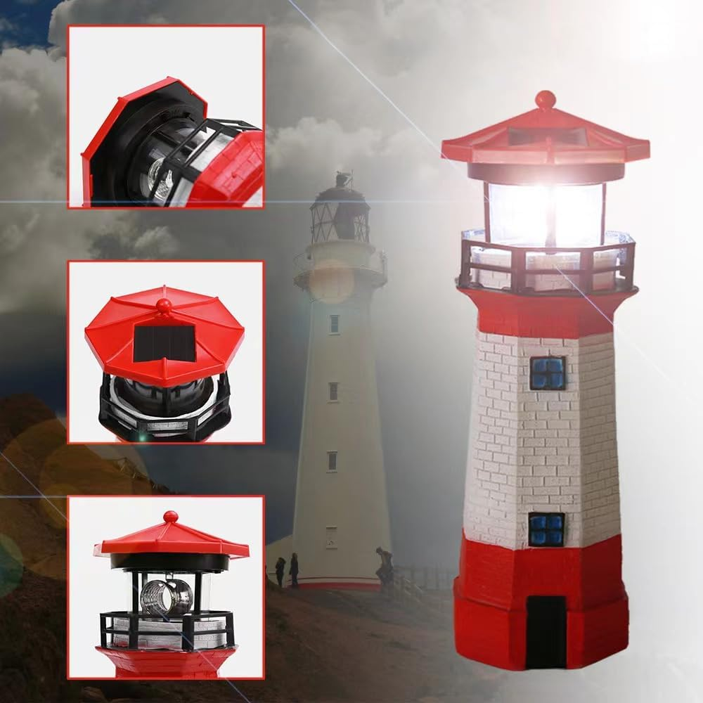 Red Solar Lighthouse, Rotating LED Lighthouse Decorative Lights, Courtyard Water