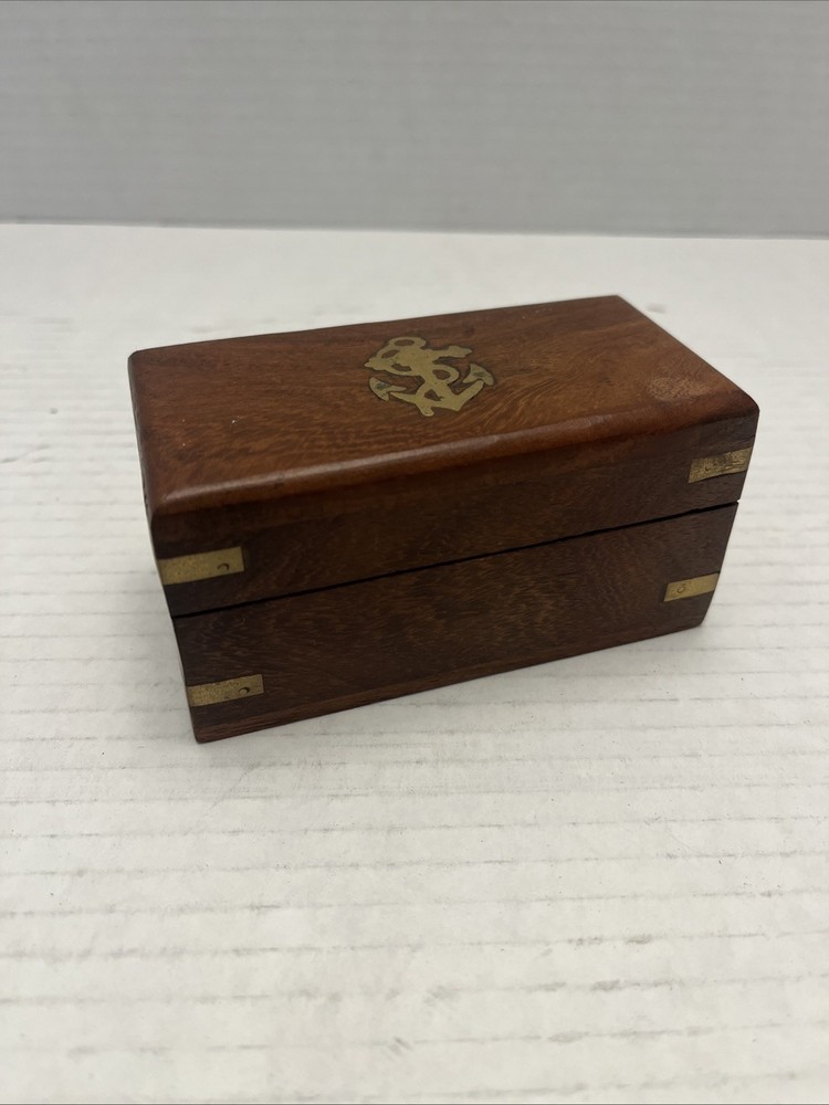 Vintage Wooden Trinket Box with Brass Anchor Inlay and Telescope 6.75 x 2.75 Inches