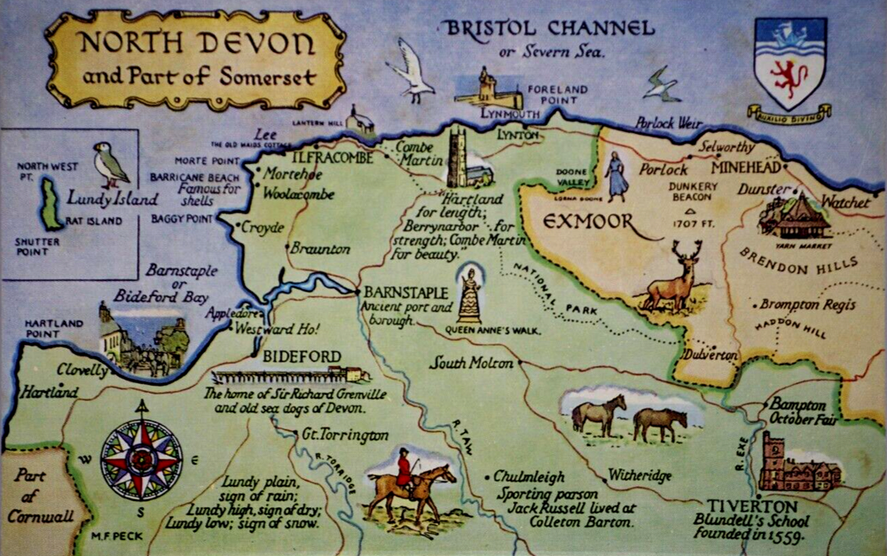 Postcard Comic Map North Devon Somerset England Bristol Channel M F Peck Salmon