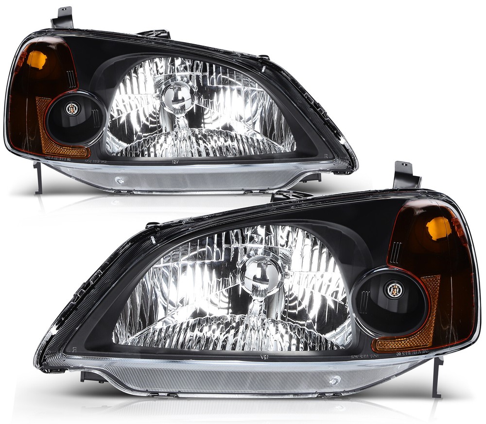 For 2001-2003 Honda Civic Clear Lens Black Housing Headlight Assembly Lamps Pair