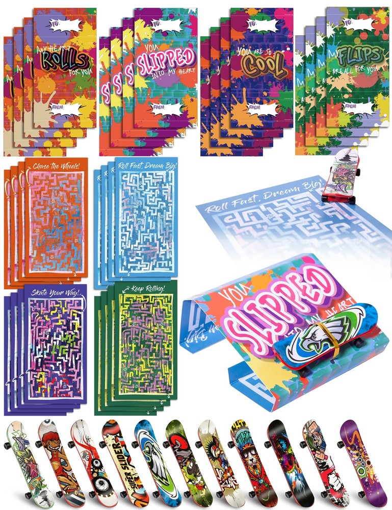 28 Pcs Kids Valentine Cards with Finger Skateboards – Fun Classroom Exchange