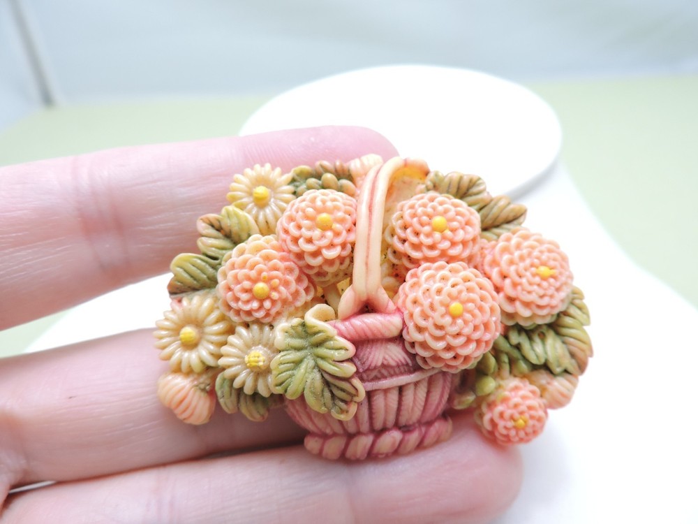 Art Deco 1930s Carved Celluloid Flower Basket Brooch Vintage Jewelry