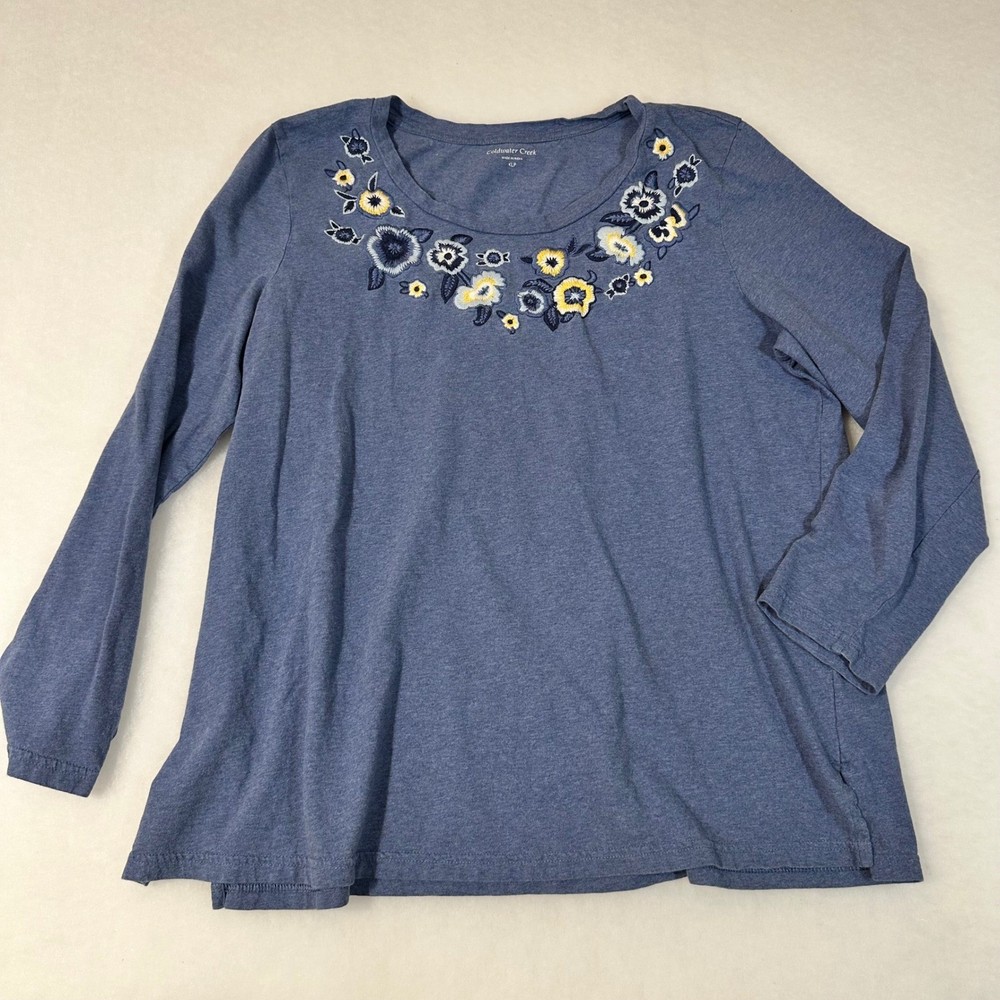 Coldwater Creek Womens XLP Blue Floral Embroidered Cotton Long Sleeve Knit Top