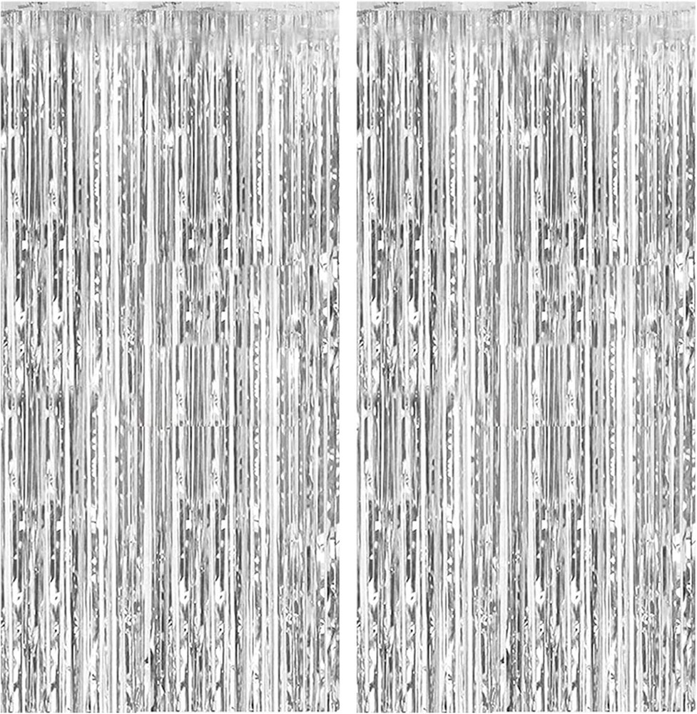 2 Pack Foil Curtain Backdrop Silver Metallic Tinsel Fringe