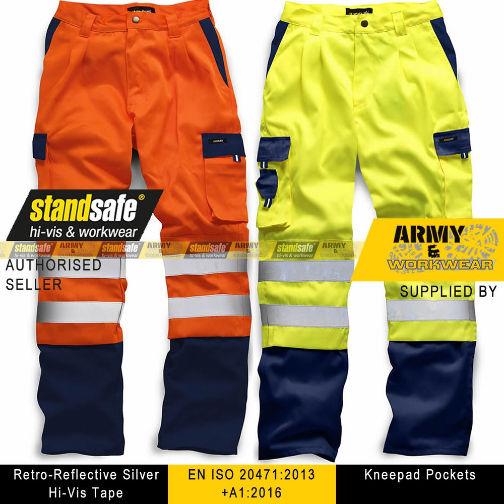 Hi Viz Two Tone Polycotton Cargo Trousers Work Combat Vis Visibility Mens Pants