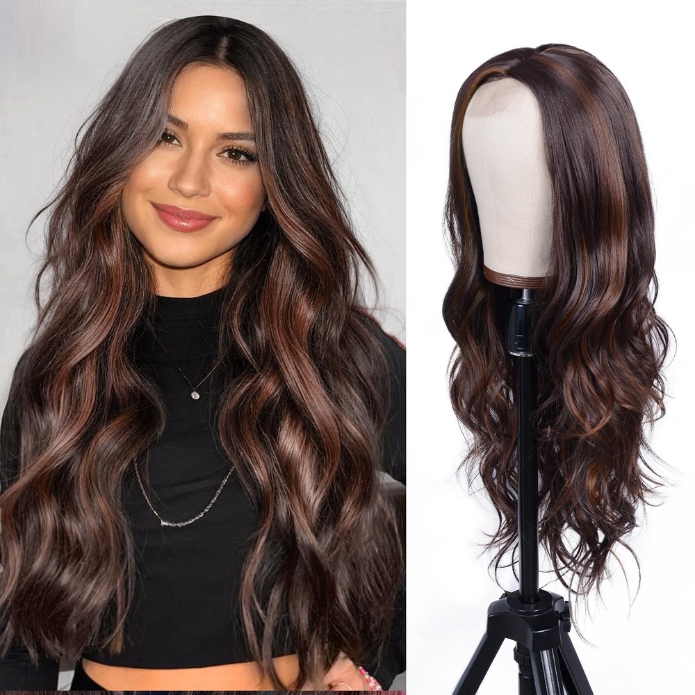 Long Dark Brown Mixed Blonde Highlight Wavy Wig Ombre Brown wigs for Women 26...