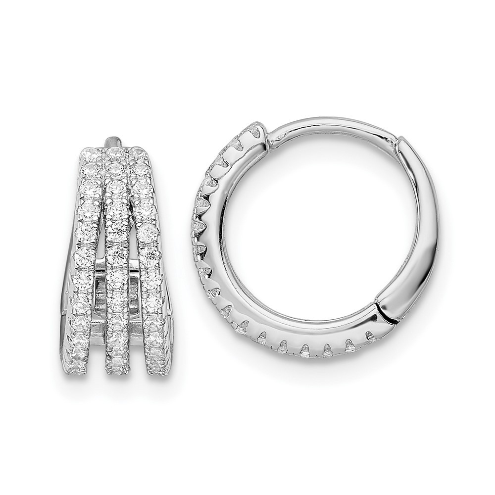 Sterling Silver Polished Triple Row Cubic Zirconia Hinged Hoop Earrings 2.78gm