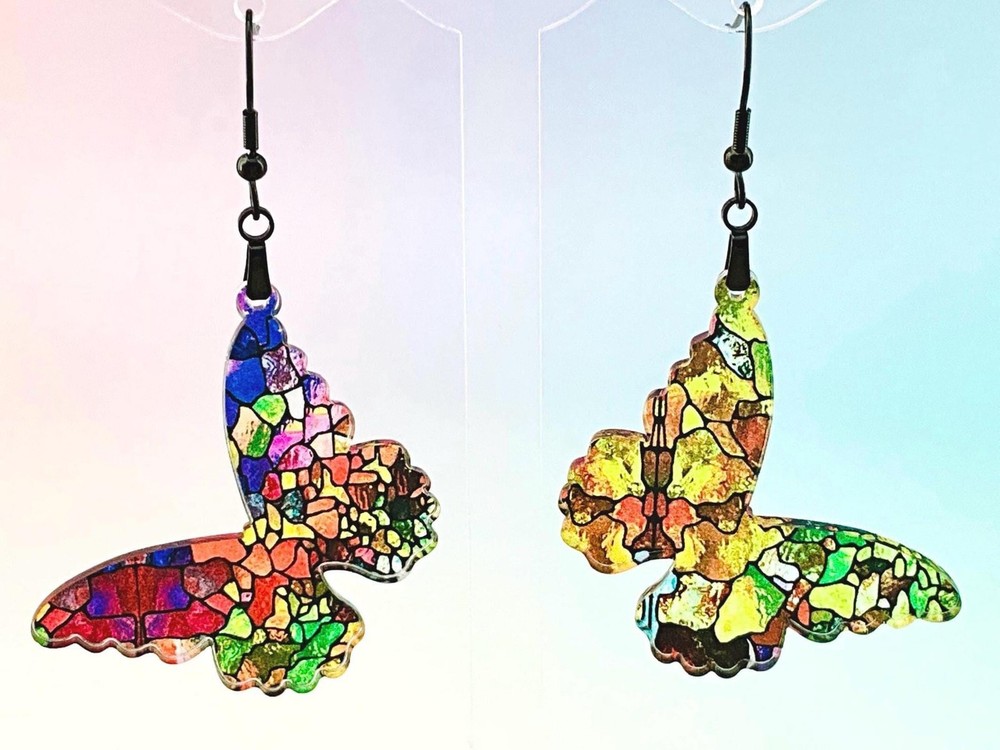 Butterfly earrings dangle, stained glass earrings, spring jewelry, mom gift for