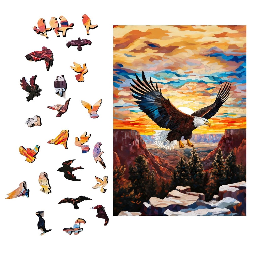 Wooden Puzzle for Adults Jigsaw Puzzle Stained Glass Design Majestic Bald Eag...