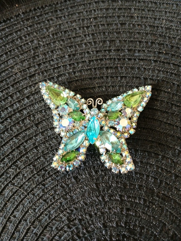 Vintage Signed Weiss Pastel Blue and Green Rhinestone Butterfly Brooch