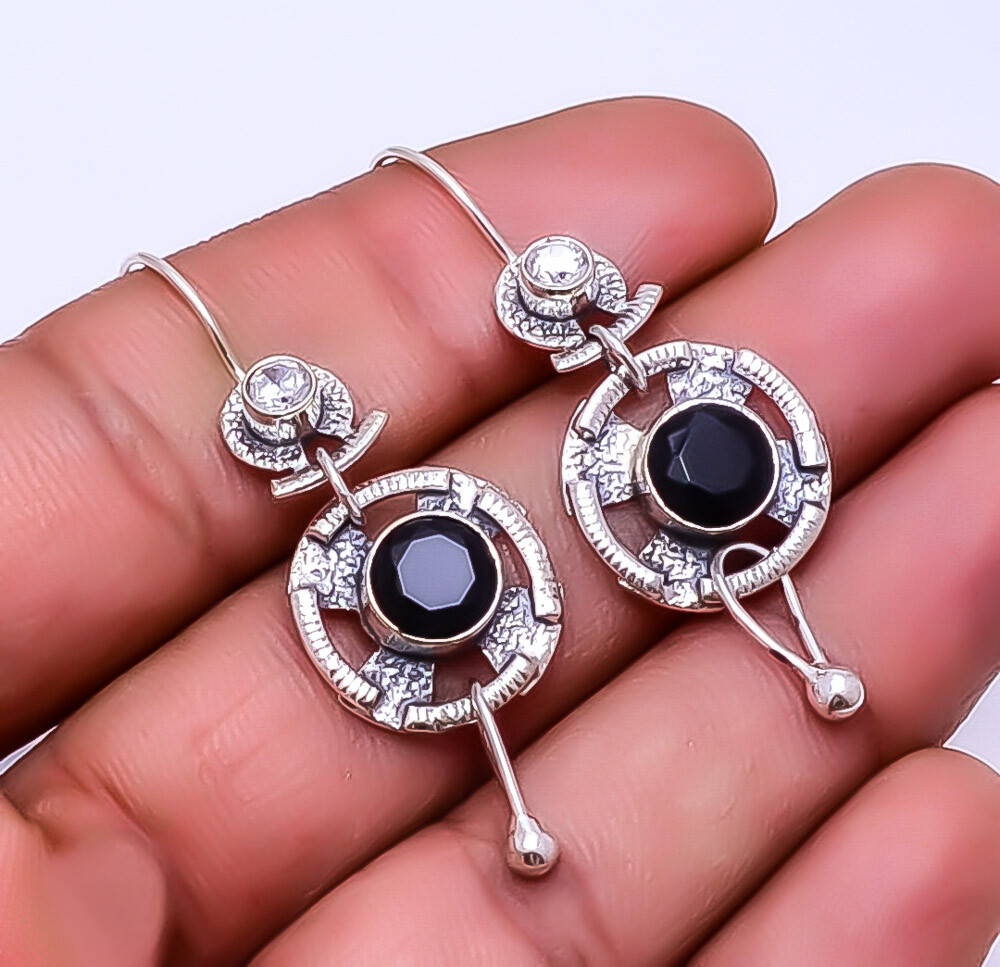 Black Onyx & White Topaz Designer Handmade 925 Sterling Silver Earring 1.95