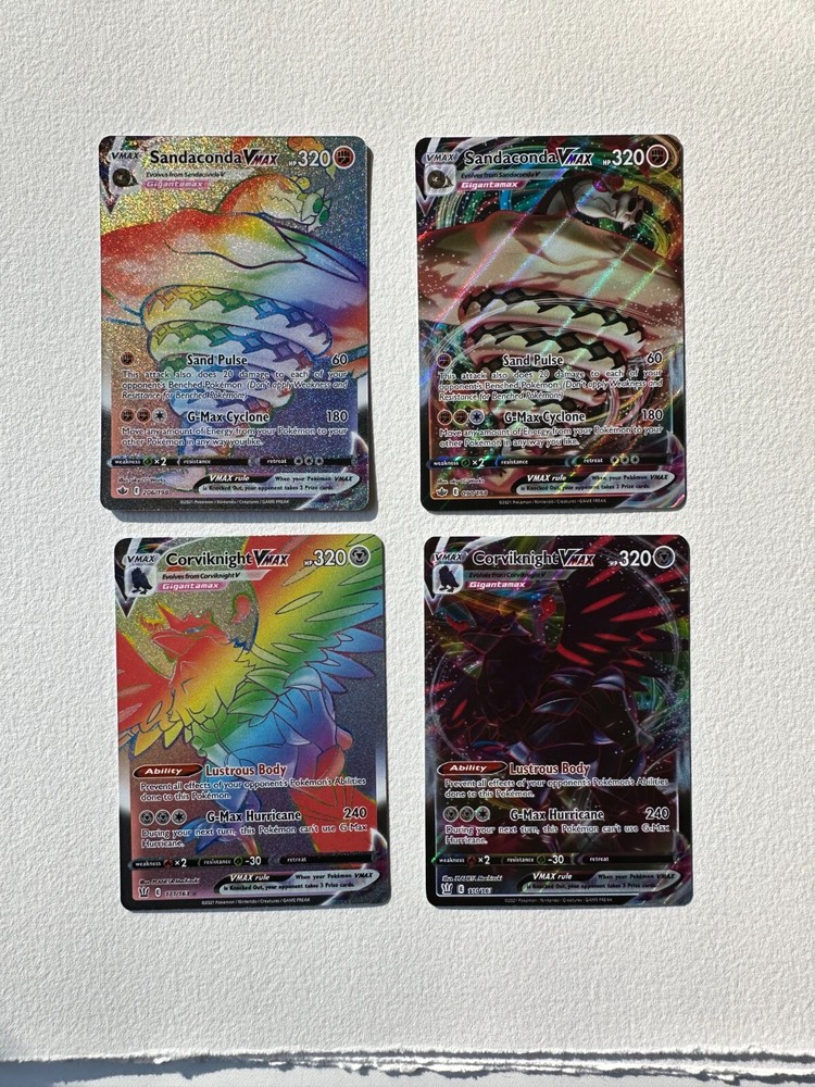 Pokemon TCG SWSH Corviknight VMAX 171,  Sandaconda VMAX 206 Rainbow Rare Lot (4)