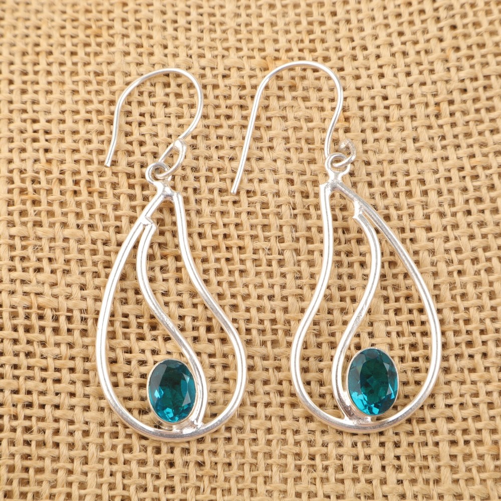 Oval Apatite Stone Throat Chakra 925 Silver Drop Wedding Earrings