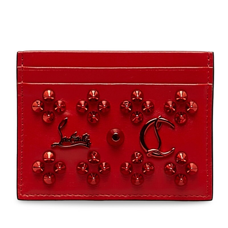 Preowned Christian Louboutin red leather studded card holder with spikes