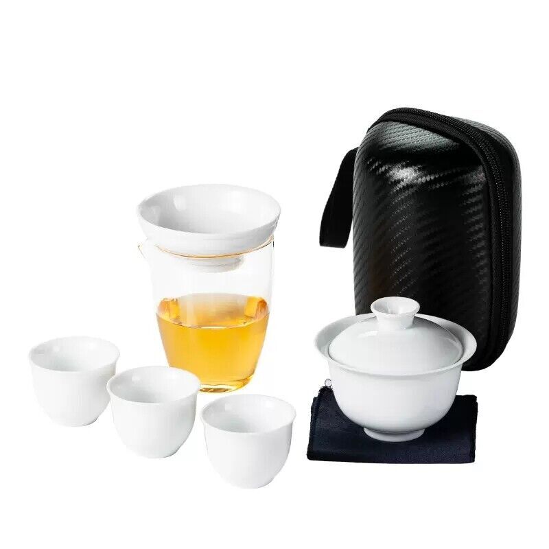 Portable Porcelain Gaiwan Travel Tea Set with Matching Cups and Glass Pitcher