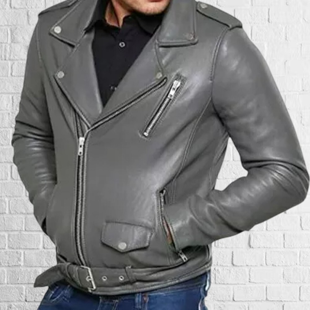 New Men's Genuine Gray Lambskin Leather Slim Fit Biker Motorcycle Jacket For Men
