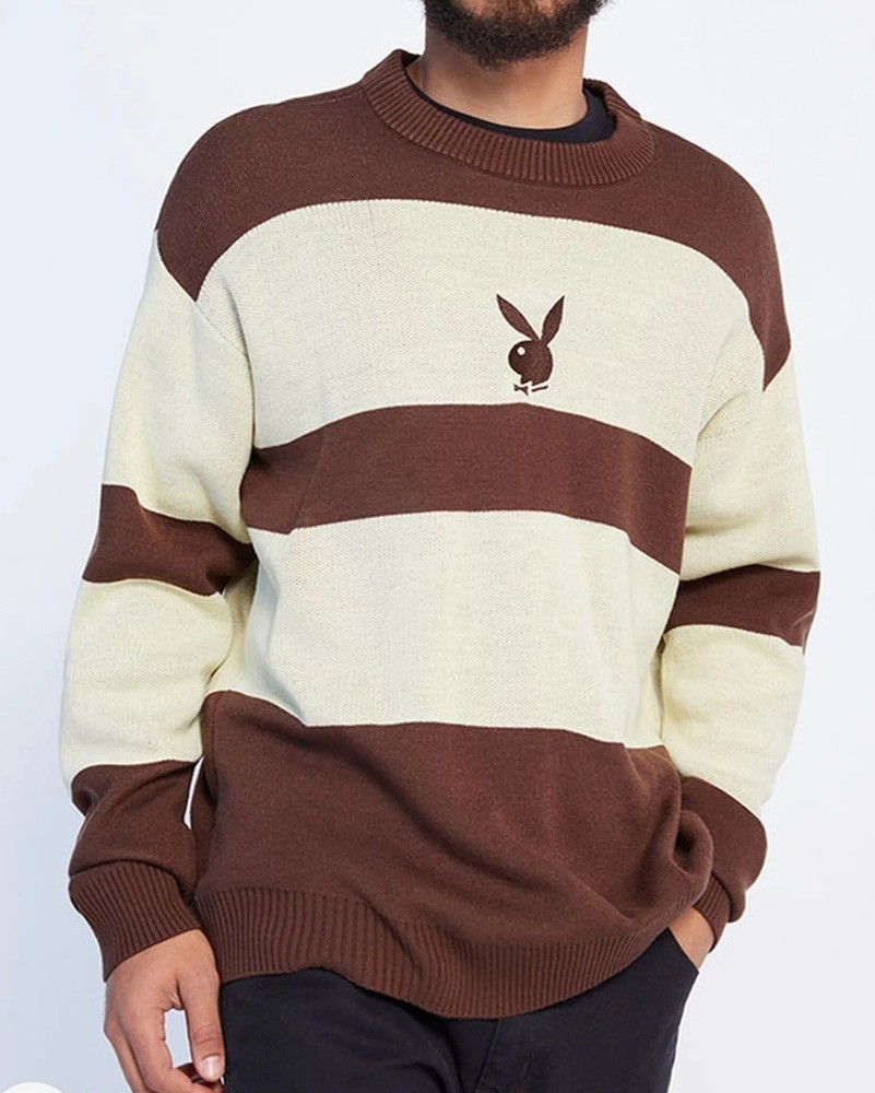 Men's Playboy by PacSun Striped Crewneck Knit Sweater - Brown & Cream - Size L