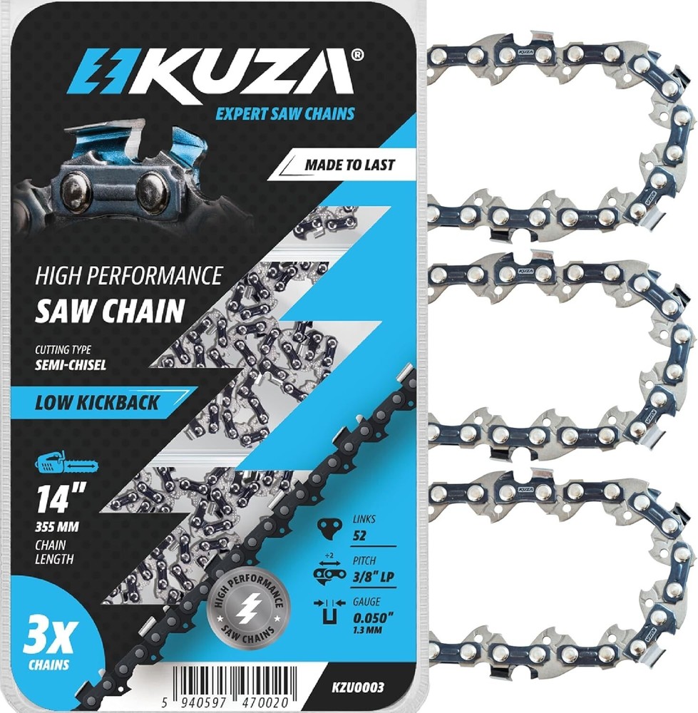 Kuza 3-Pack 14-Inch Chainsaw Chain 3/8 LP .050 Gauge 52DL for Fast Cutting