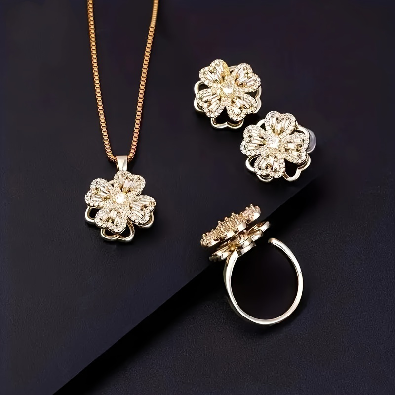 18K Gold Plated Spinning Clover Jewelry Set for Women - Necklace Earrings Ring Gift