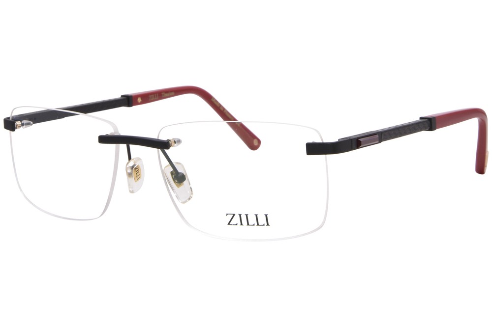 Zilli ZI60056 C06 Titanium Eyeglasses for Men in Satin Black with Red Accents, Rimless Design, 61mm Frame Size