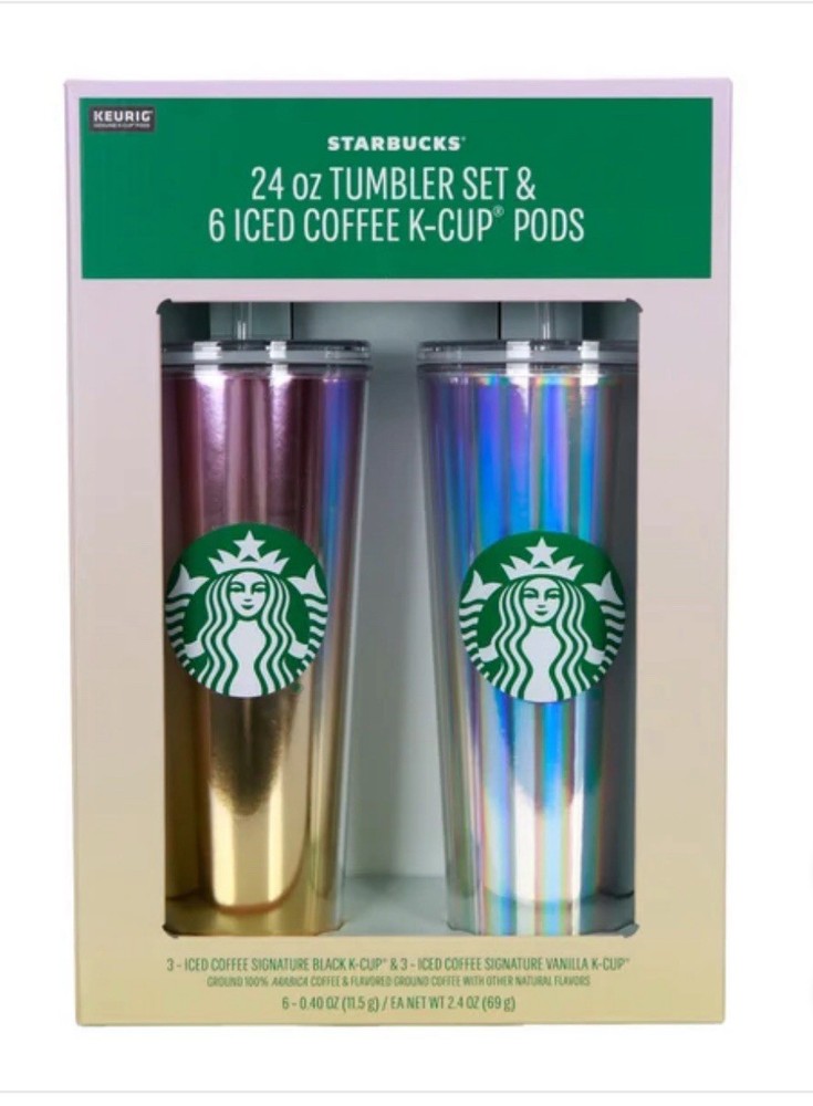 🔥NEW🔥 24oz Starbucks Tumbler Set with 6 Iced Coffee K-Cups, 2-pack - Gold Pink