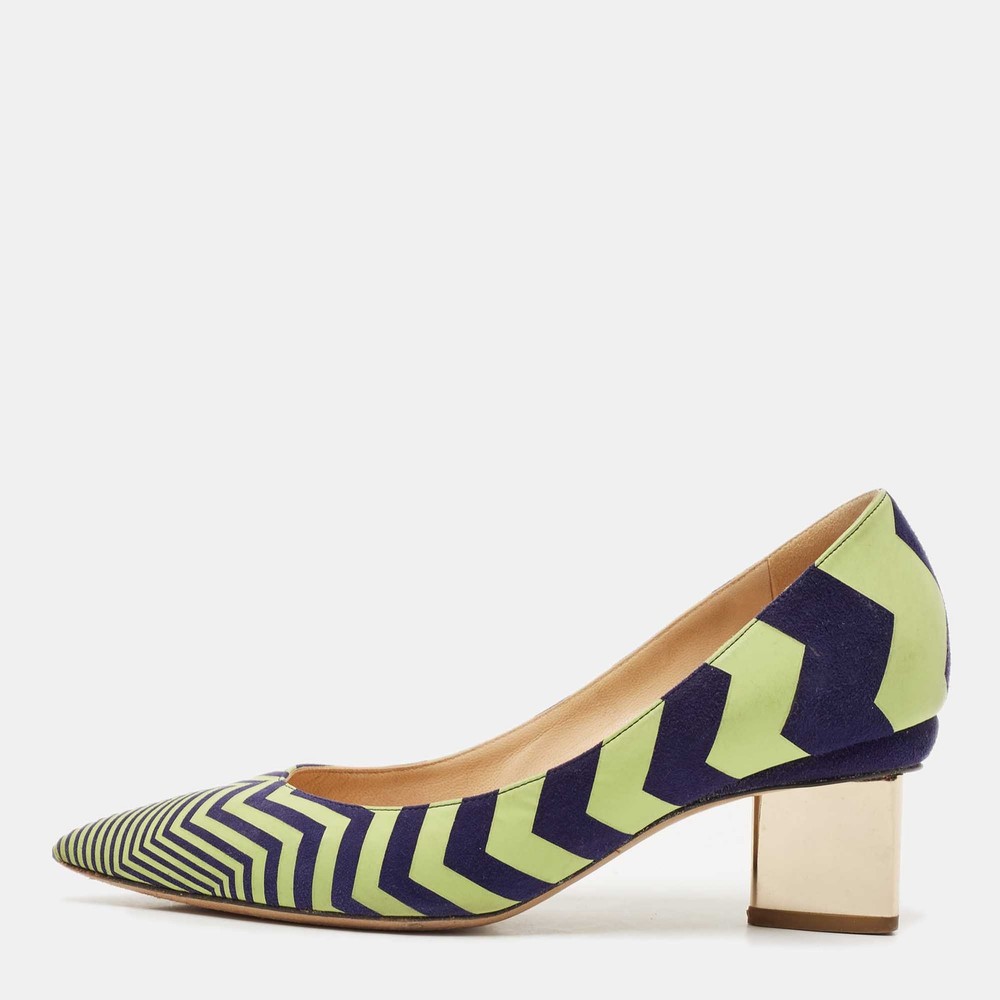 Nicholas Kirkwood Green Blue Chevron Suede Block Heel Pumps Size 37 EU