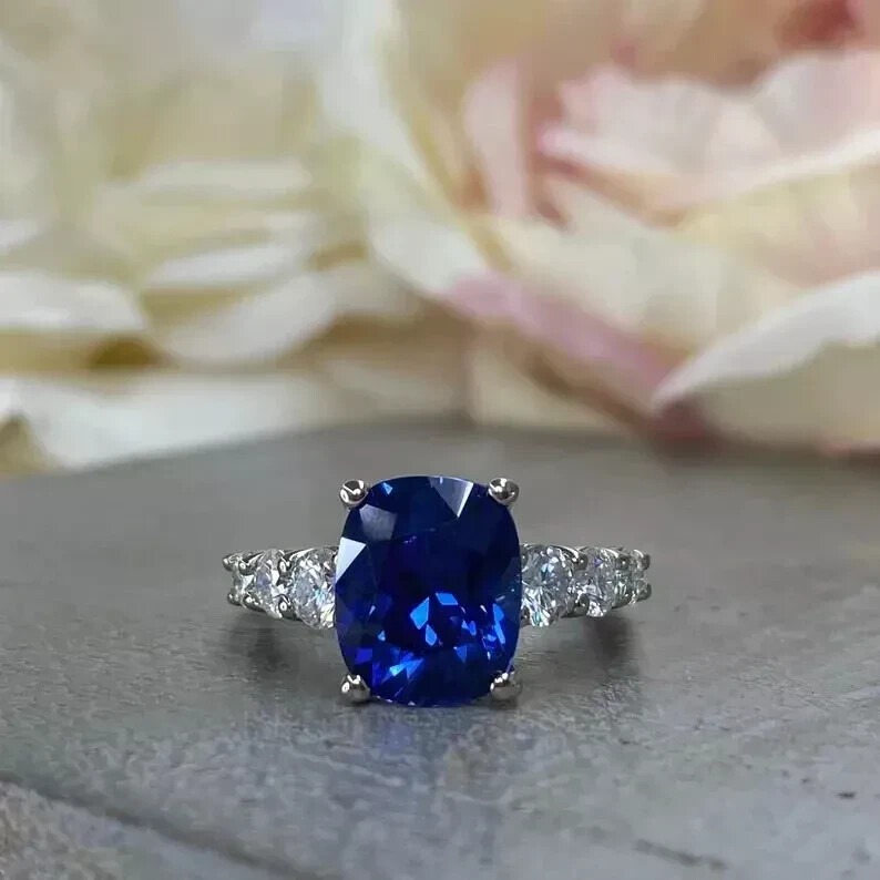 2Ct Cushion Cut Lab-Created Blue Sapphire Engagement Ring 14K White Gold Plated