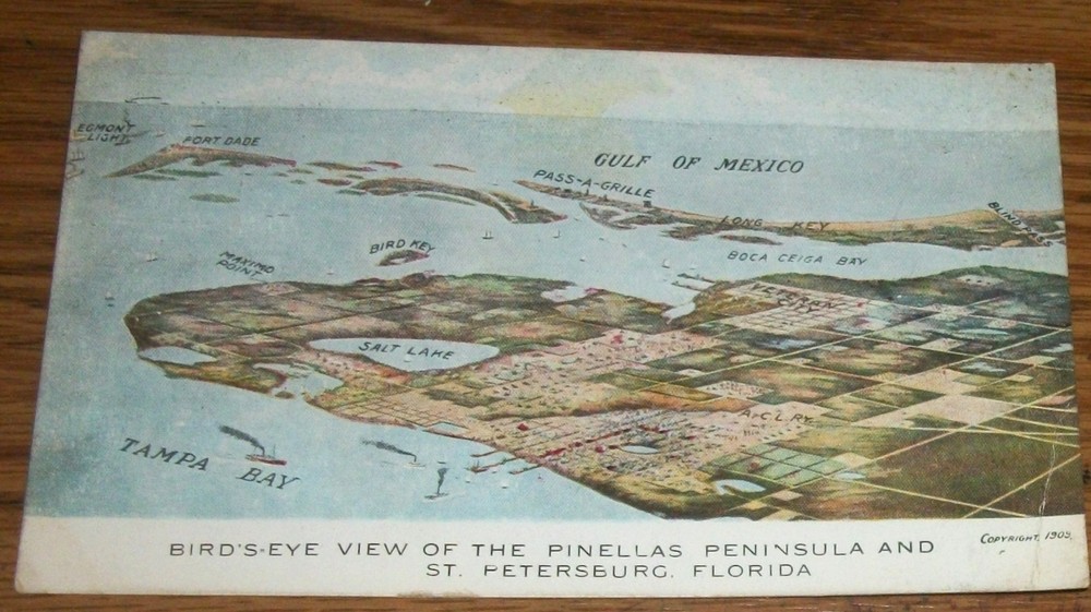 1903 Postcard Bird's Eye View of Pinellas Peninsula & St. Petersburg Florida~ R5
