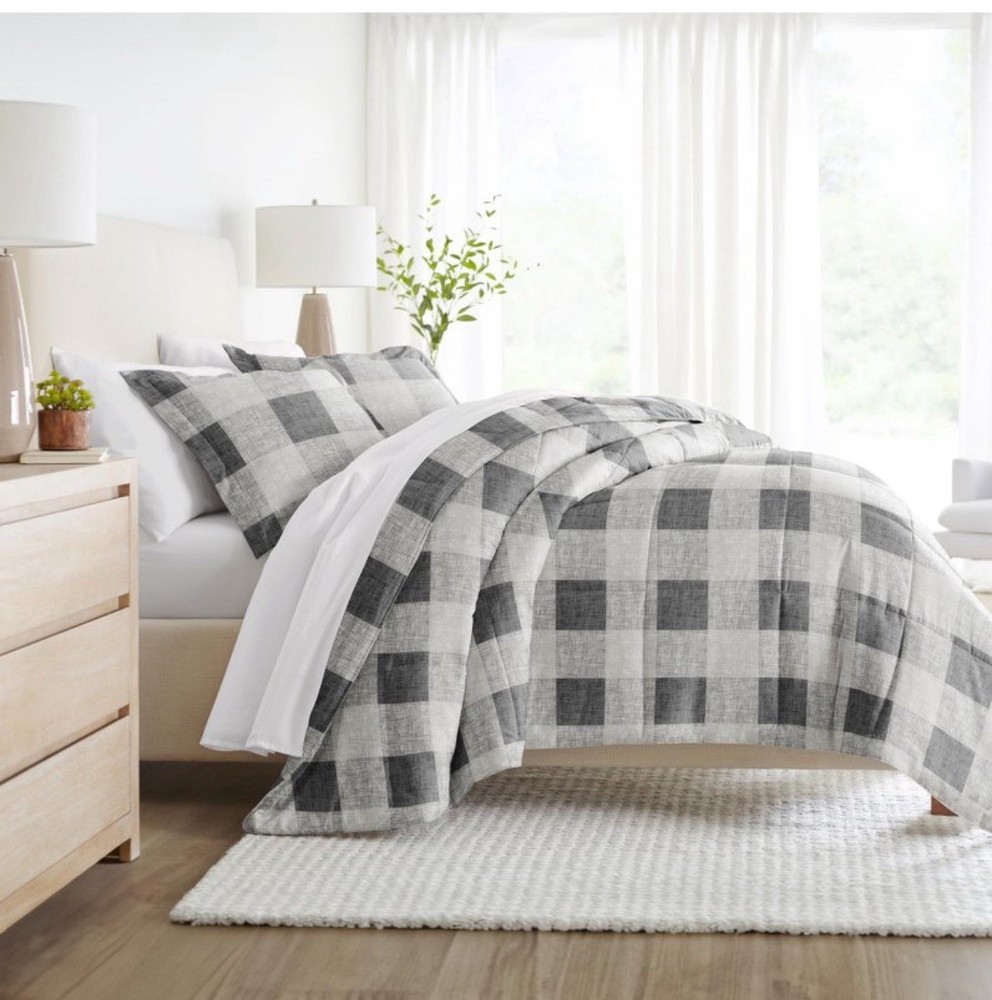 Becky Cameron Reversible Microfiber Gingham Gray Bedding Set Full Queen New