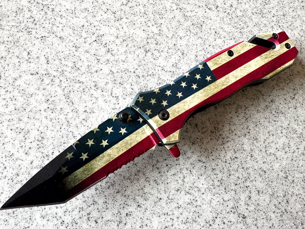 USA Tanto Rescue Folding Knife with American Flag Design