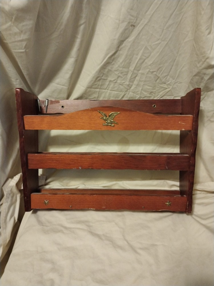 VINTAGE MCM WOODEN WALL MOUNT MAGAZINE RACK WITH EAGLE EMBLEM 16.5 * 12 * 4.5